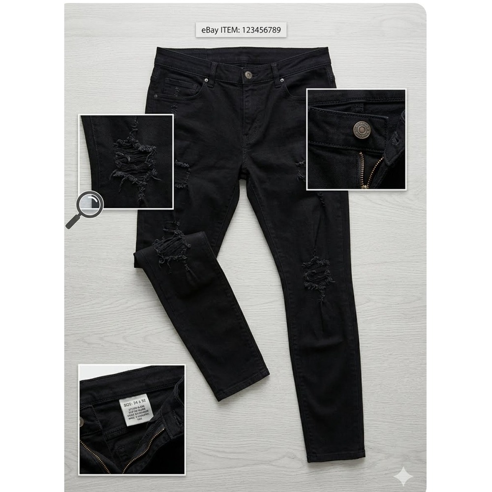 Mens Black‎ Distressed Ripped Slim Fit Denim Jeans Size 34x32 Streetwear Casual